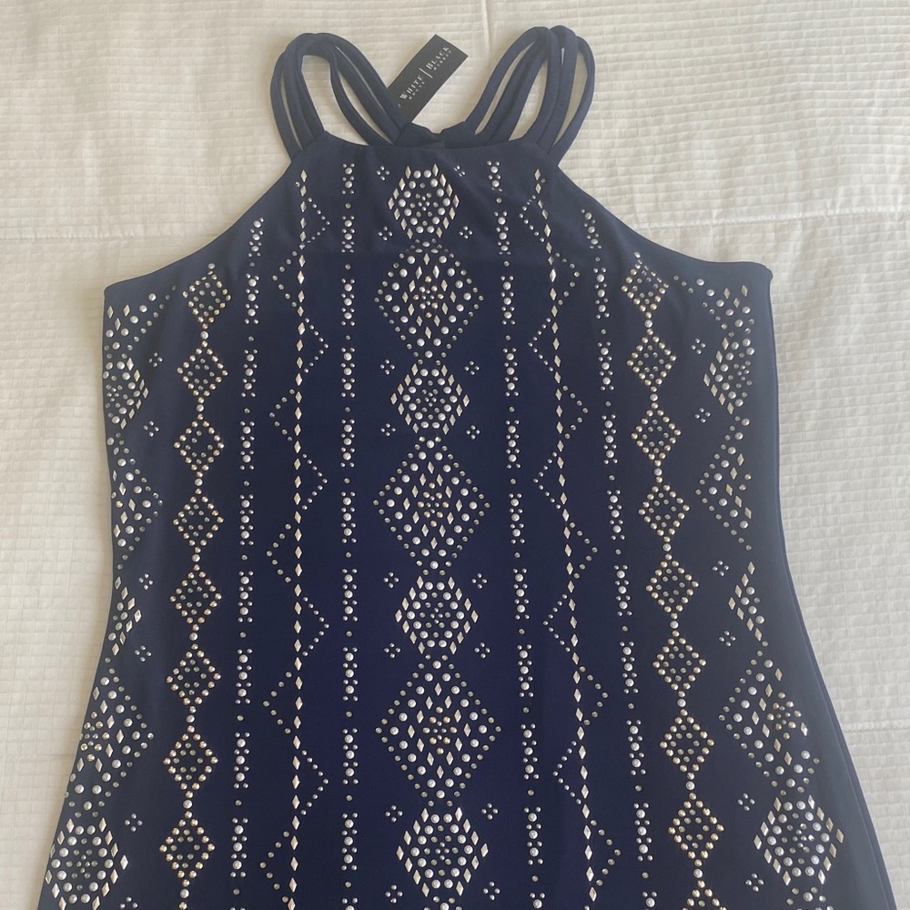 White House Black Market Navy Blue Studded Halter Dress